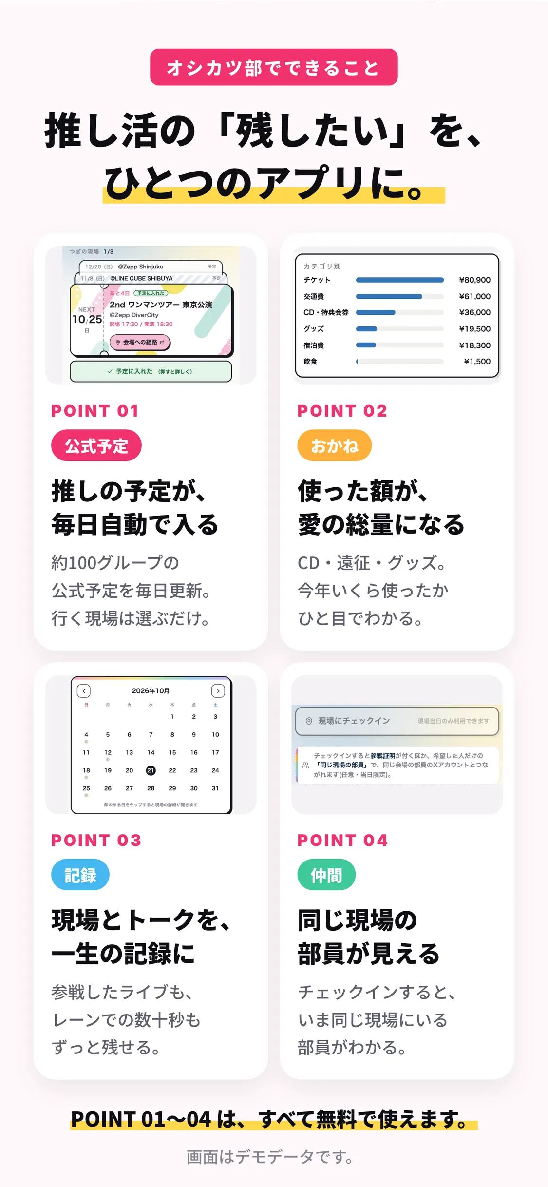 オシカツ部でできること。推しの予定が毎日自動で入る・使った額がわかる・現場とトークを記録・同じ現場の部員が見える。